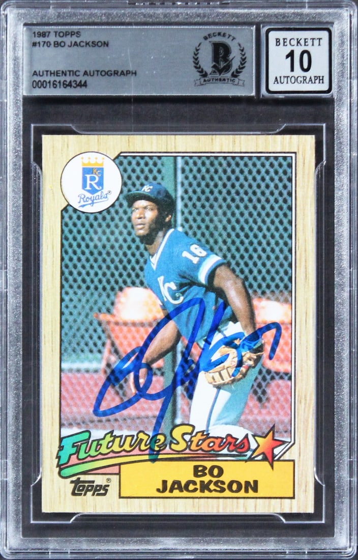 Bo Jackson Signed 1987 Topps #170 Gem Mint 10 BAS Authenticated Royals Card: Bo Jackson Signed 1987 Topps #170 Gem Mint 10 BAS Authenticated Royals Card This 1987 Topps #170 card is a remarkable piece for any baseball enthusiast, featuring the legendary Bo Jackson, signed pers