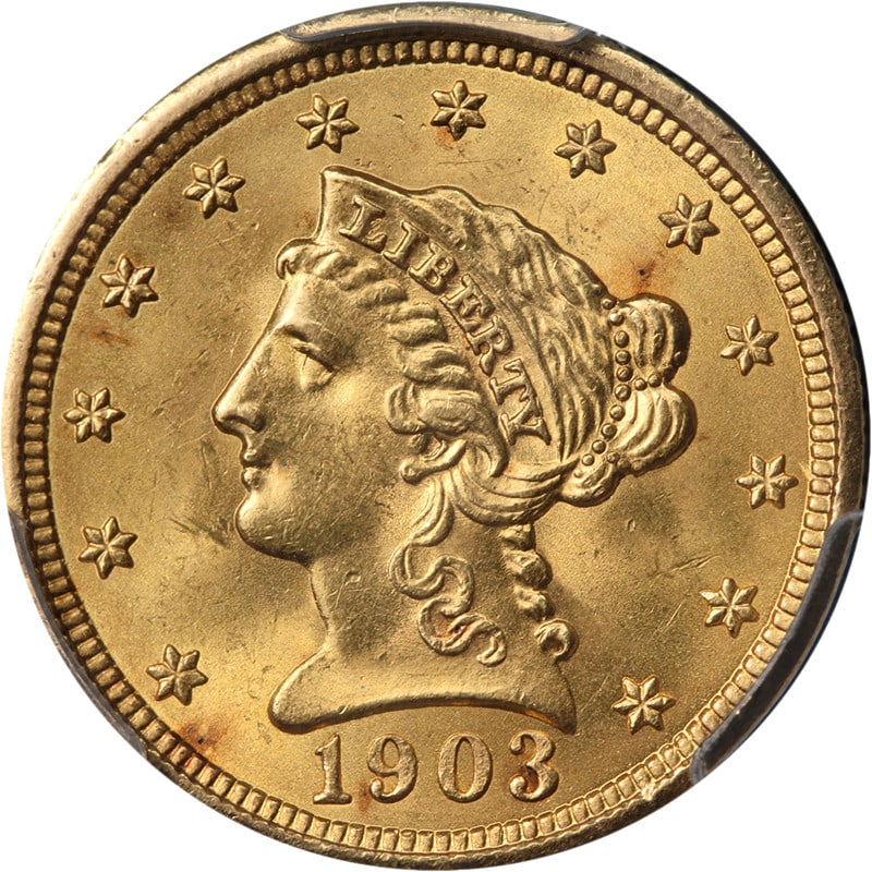 1903 $2.50 Liberty Head Gold Coin PCGS MS64: 1903 $2.50 Liberty Head Gold Coin PCGS MS64 Original 1903 Liberty Gold $2.50 certified by PCGS as MS64. This uncirculated pre-owned coin offers great eye appeal with fantastic luster, a strong strike,