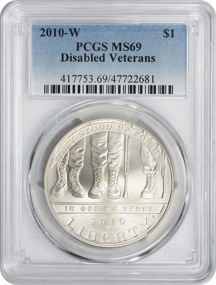 PCGS MS69 2010-W Disabled Veterans Commemorative Silver Dollar: PCGS MS69 2010-W Disabled Veterans Commemorative Silver Dollar 2010-W Disabled Veterans Silver Commemorative Dollar graded MS69 by PCGS. This uncirculated United States commemorative dollar is compose