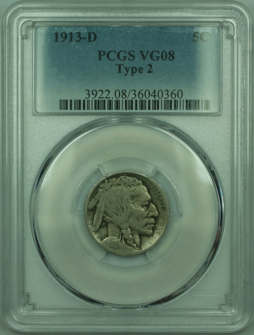 PCGS VG-08 1913-D Type II Buffalo Nickel 5C United States Coin (1 of 2)