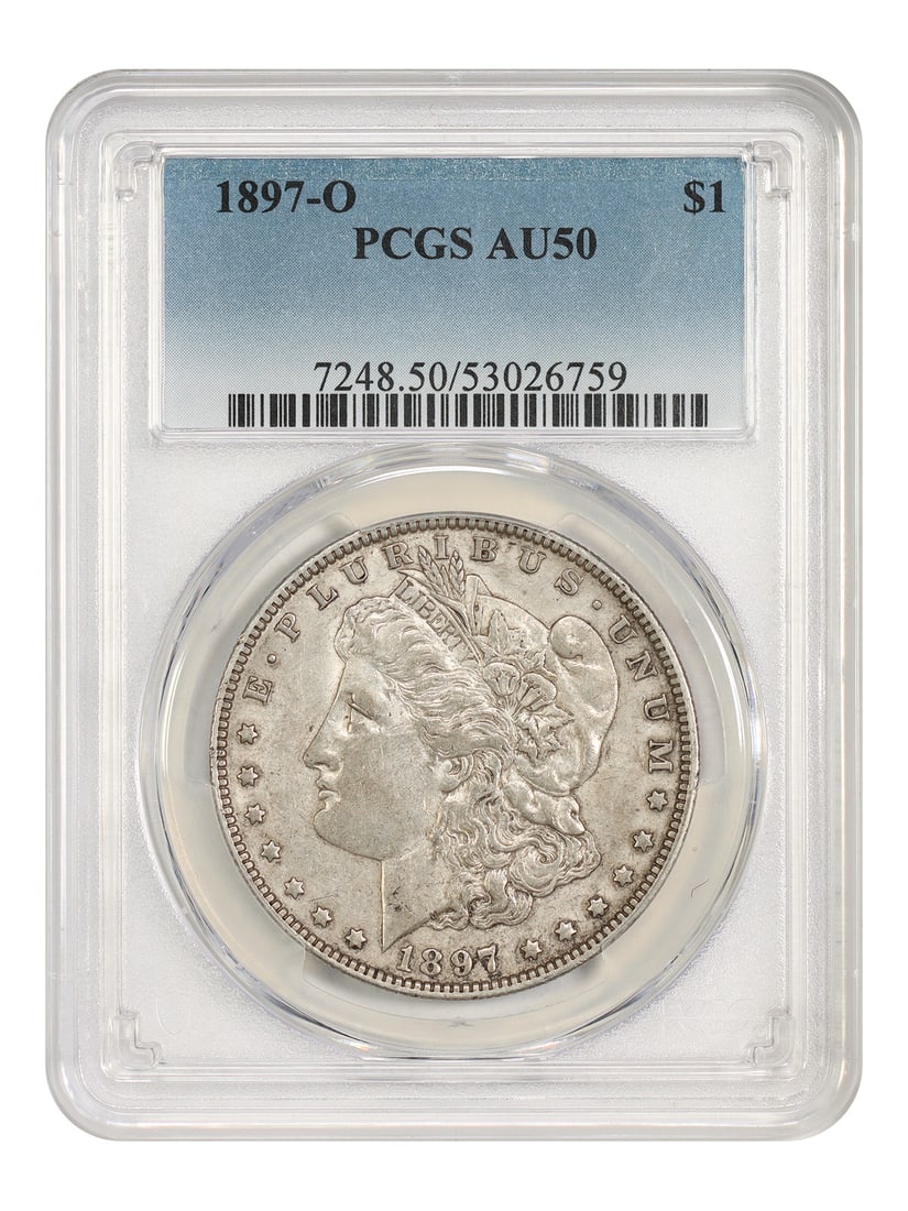 PCGS AU50 1897 O Morgan Silver Dollar Better Date: PCGS AU50 1897 O Morgan Silver Dollar Better Date 1897-O Morgan Dollar certified by PCGS as AU50. This circulated New Orleans Mint issue is noted in the original listing as a popular, better date exam
