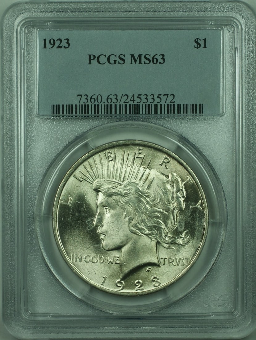PCGS MS63 1923 Peace Dollar Silver $1 Coin: PCGS MS63 1923 Peace Dollar Silver $1 Coin This is a 1923 Peace Silver Dollar $1 coin from the United States, certified by PCGS with a grade of MS 63. Minted in Philadelphia, the coin is uncirculated 