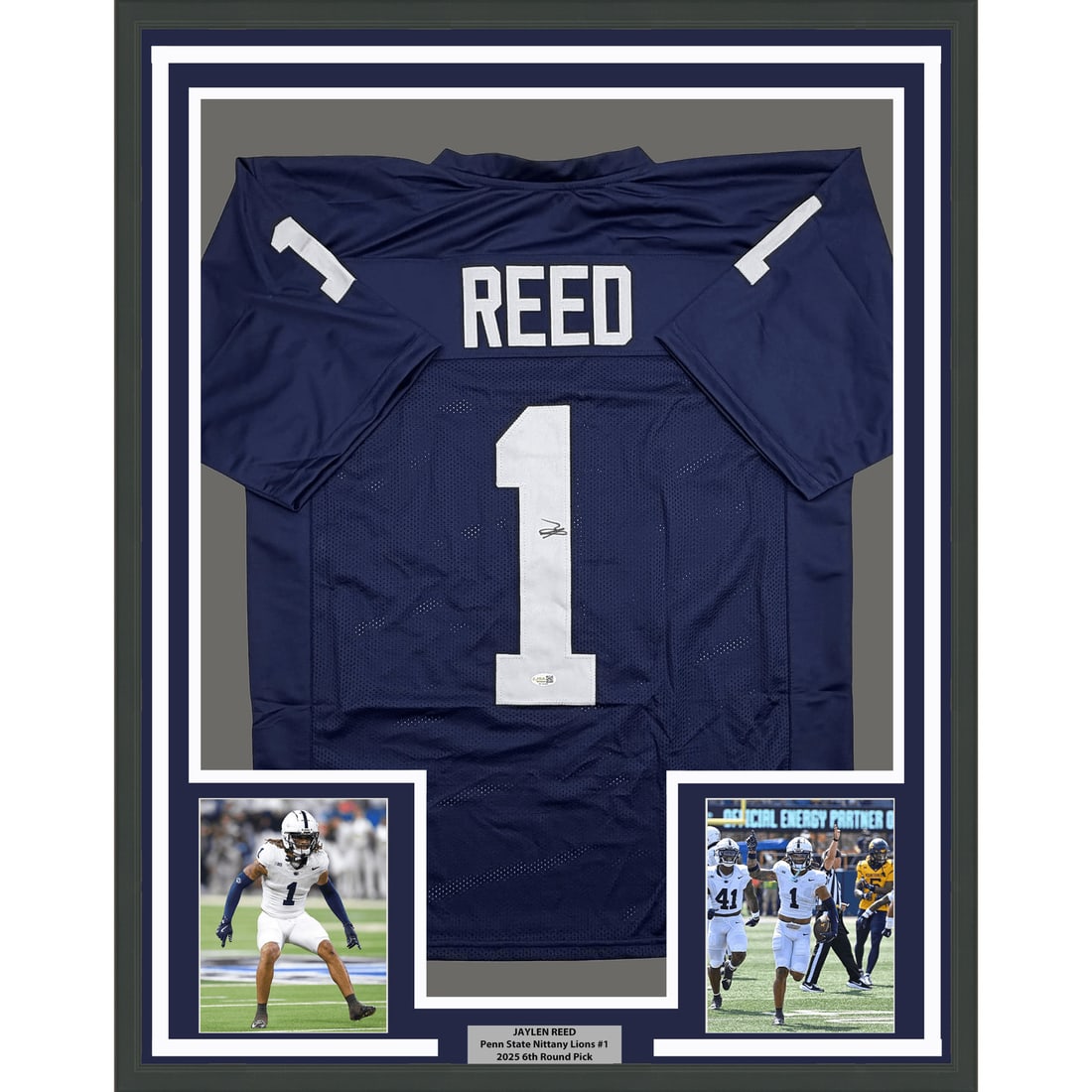 Penn State Jaylen Reed autographed framed blue football jersey JSA: Penn State Jaylen Reed autographed framed blue football jersey JSA Professionally framed and matted signed Jaylen Reed Penn State blue college football jersey. This original autographed display includ