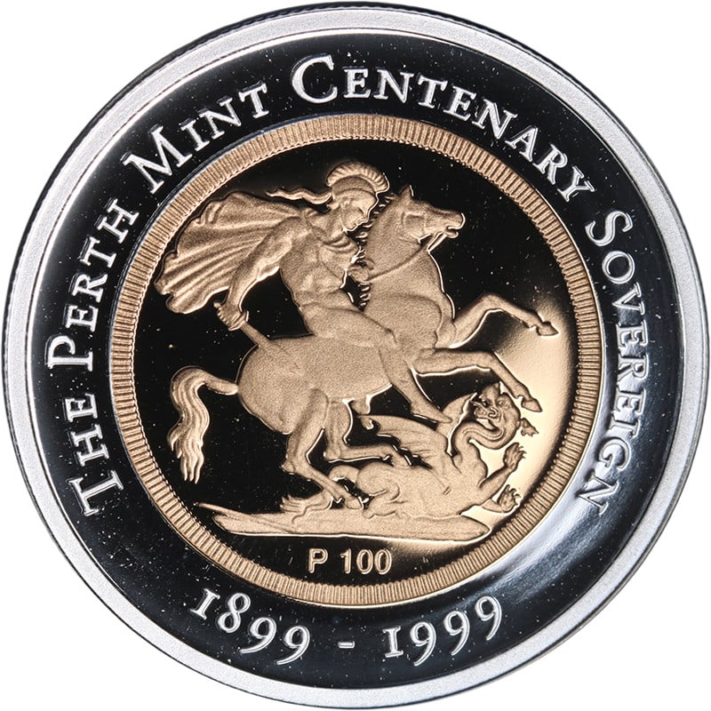1999 Proof Gold Sovereign Centenary Bi Metal Coin Australia Perth Mint: 1999 Proof Gold Sovereign Centenary Bi Metal Coin Australia Perth Mint Original 1999 Australia Perth Mint Centenary Gold Sovereign bi-metal proof issue. This pre-owned uncirculated coin features a gol