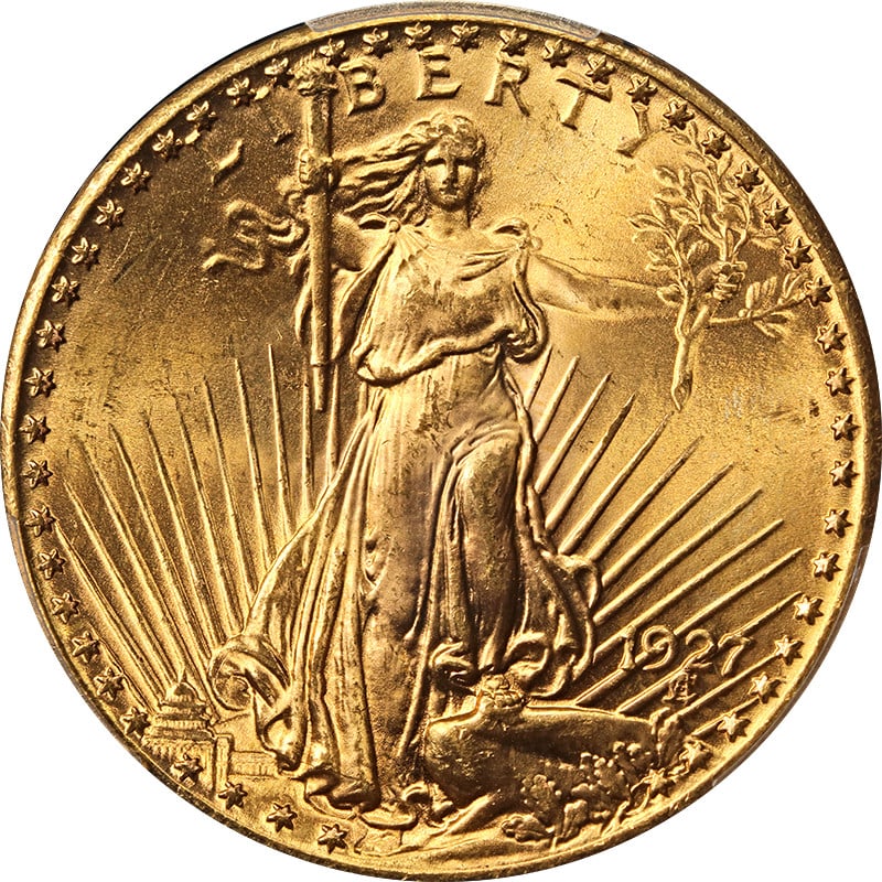 PCGS MS66 1927 P Saint Gaudens $20 Gold Double Eagle: PCGS MS66 1927 P Saint Gaudens $20 Gold Double Eagle A 1927-P Saint-Gaudens Gold $20 coin graded PCGS MS66. This pre-owned example is described as uncirculated and noted for superb eye appeal, fantast
