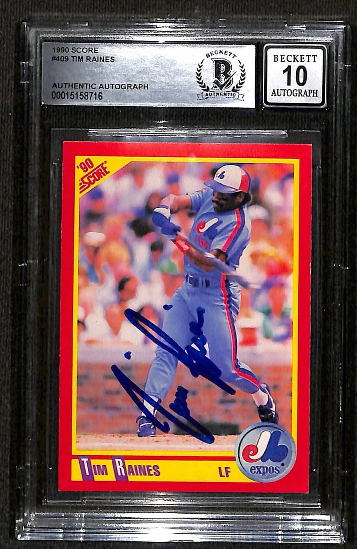 Tim Raines Autographed 1990 Score 409 Baseball Card Beckett Auto Grade 10: Tim Raines Autographed 1990 Score 409 Baseball Card Beckett Auto Grade 10 This is an original 1990 Score #409 sports trading card featuring Tim Raines of the Montreal Expos. The card is signed in blue