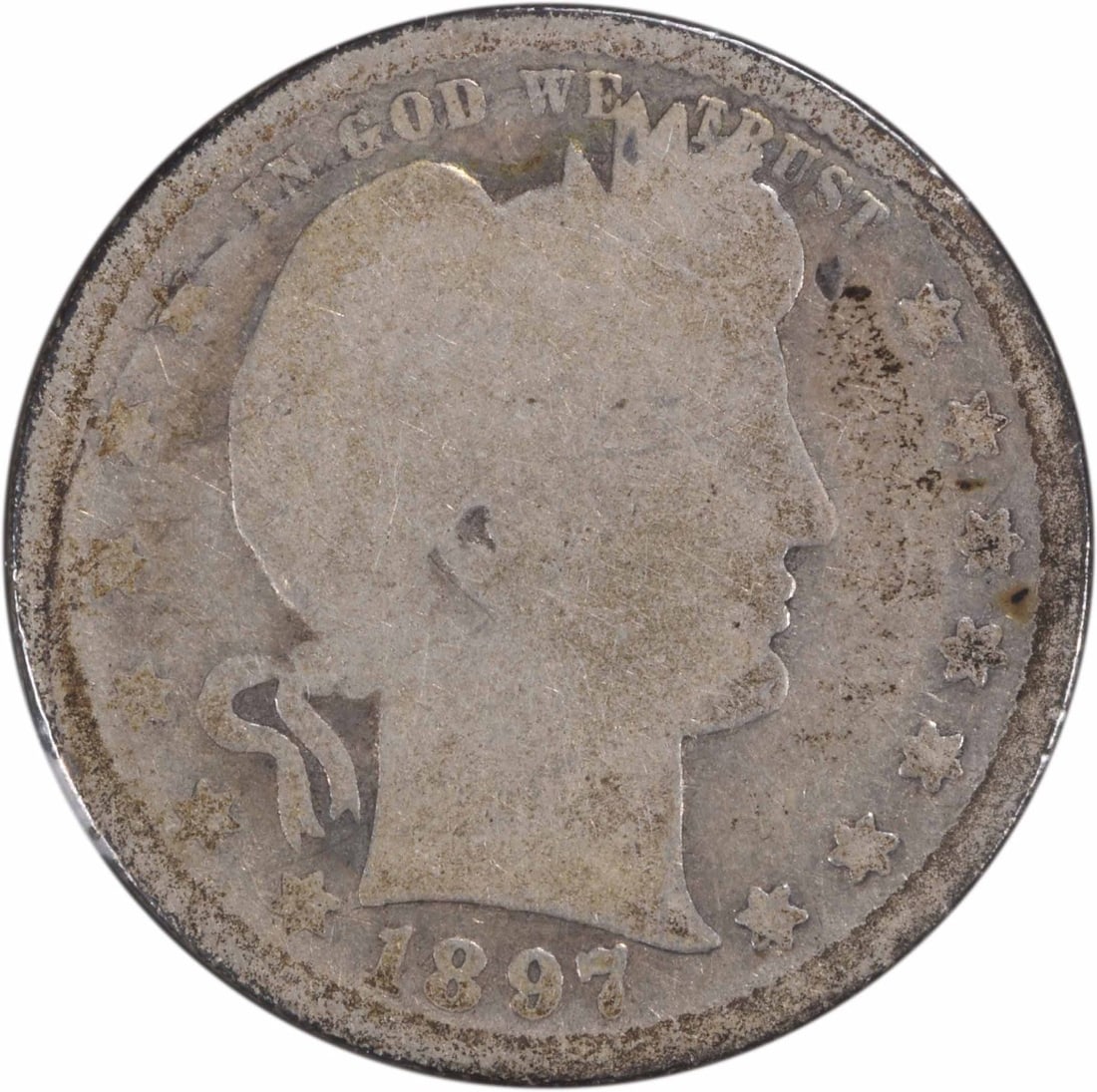 1897 San Francisco Barber Quarter AG Grade Uncertified Silver Coin: 1897 San Francisco Barber Quarter AG Grade Uncertified Silver Coin This 1897-S Barber Silver Quarter is a circulated coin featuring a centered mint mark from the San Francisco Mint. Designed by Charle