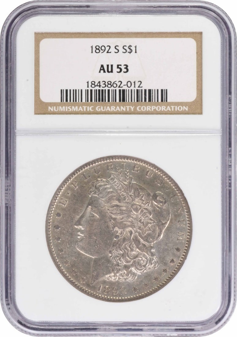 NGC AU53 1892 S Morgan Silver Dollar $1: NGC AU53 1892 S Morgan Silver Dollar $1 1892-S Morgan Silver Dollar certified by NGC and graded AU53. This pre-owned coin is a circulated United States $1 silver issue from the Morgan series. Specific
