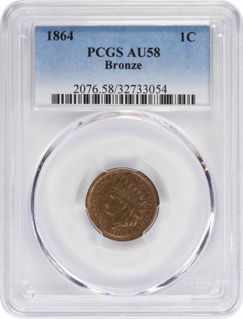 PCGS AU58 1864 Bronze Indian Head Small Cent: PCGS AU58 1864 Bronze Indian Head Small Cent 1864 Indian Head Small Cent certified by PCGS and graded AU58. This bronze United States coin is a pre-owned example of the Indian Cent series. Specificati