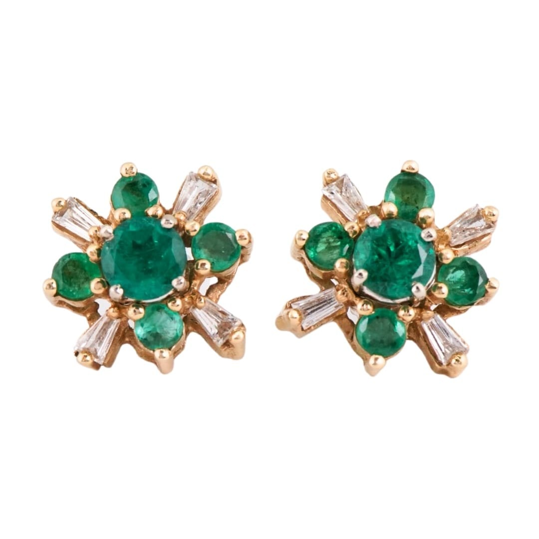 Convertible 14K Yellow Gold Emerald and Baguette Diamond Stud Earrings (1 of 5)