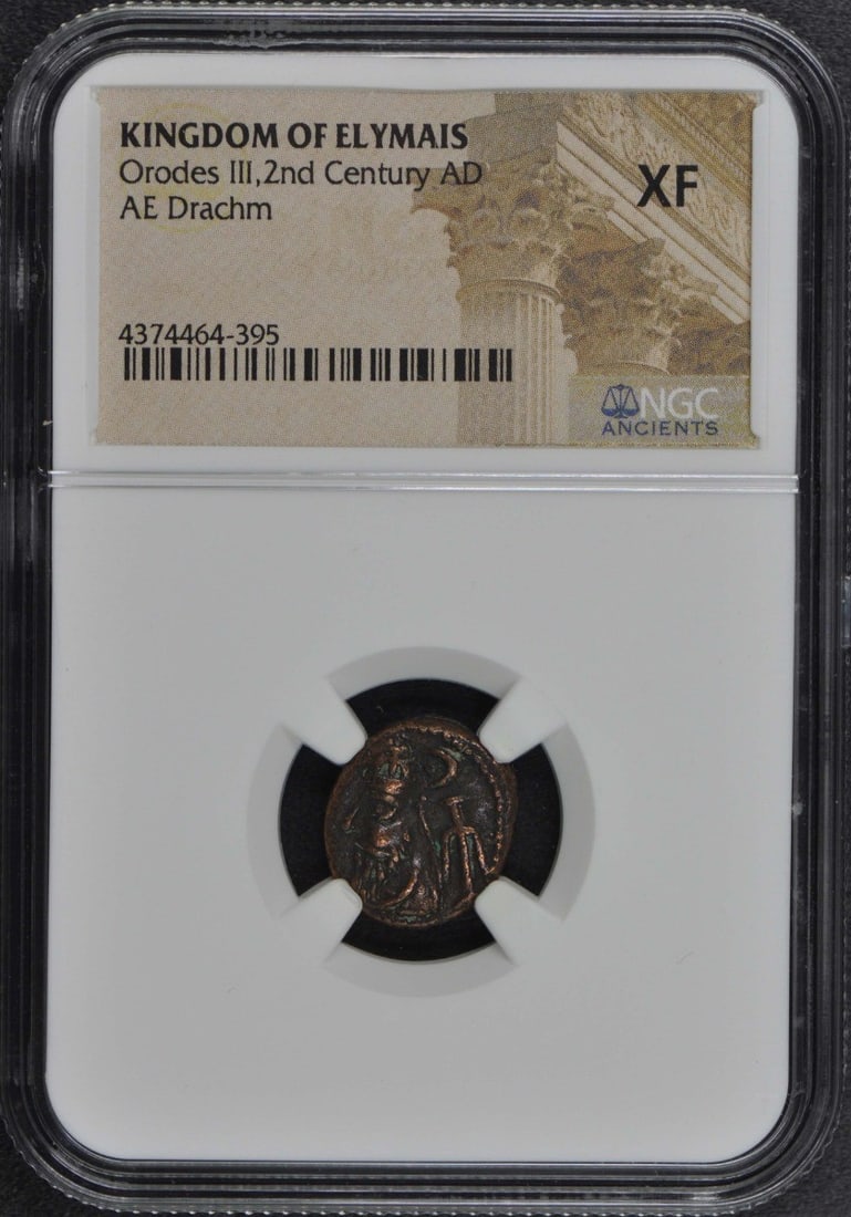 NGC XF40 Elymais Orodes III AE Drachm 2nd Century AD: NGC XF40 Elymais Orodes III AE Drachm 2nd Century AD Ancient AE drachm of Orodes III from the Kingdom of Elymais, dated to the 2nd Century AD. This pre-owned coin is certified and graded XF40 by NGC. 