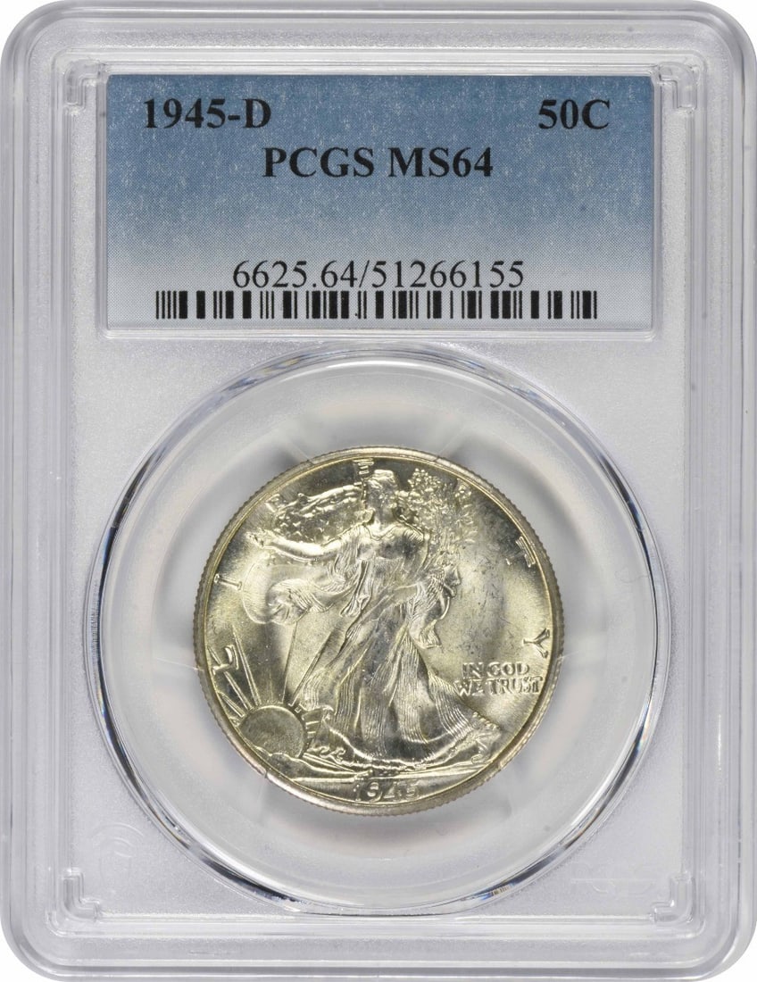 1945-D Walking Liberty Half Dollar MS64 PCGS Uncirculated 90% Silver: 1945-D Walking Liberty Half Dollar MS64 PCGS Uncirculated 90% Silver This 1945-D Walking Liberty Silver Half Dollar, graded MS64 by PCGS, is a stunning example of American coinage. With a composition 