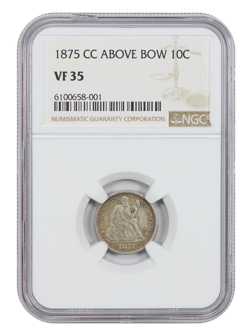 NGC VF35 1875 Carson City Liberty Seated Dime 10C Mintmark Above Bow: NGC VF35 1875 Carson City Liberty Seated Dime 10C Mintmark Above Bow 1875-CC Liberty Seated Dime certified by NGC as VF35. This circulated 10C issue features the Mintmark Above Bow variety. We note an