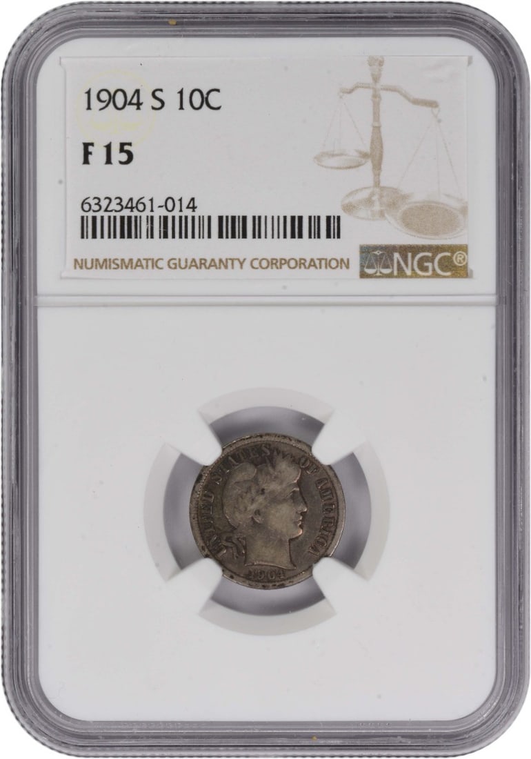 Barber Dime 1904 San Francisco 10C NGC F15 Certified Silver Coin: Barber Dime 1904 San Francisco 10C NGC F15 Certified Silver Coin This 1904-S Barber Silver Dime is certified by NGC and graded as F15. Minted in San Francisco, this circulated coin features the classi