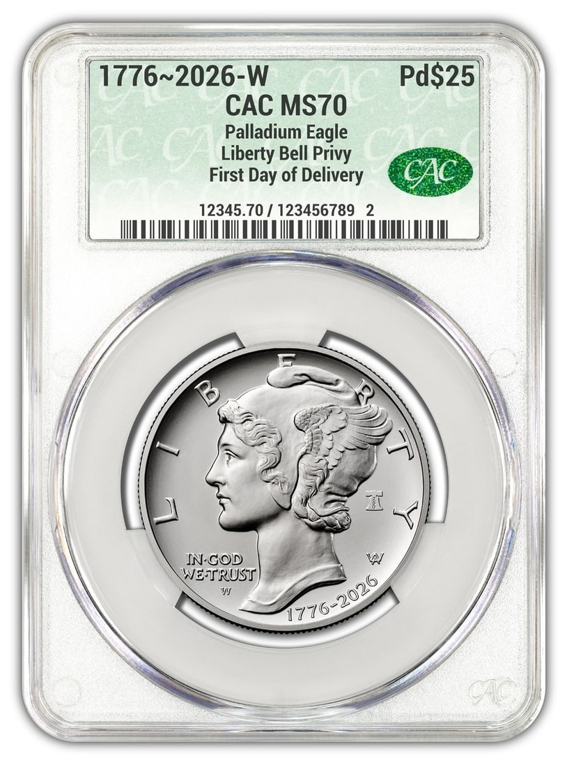 2026-W Palladium Eagle High Relief $25 1 oz MS70 CAC Bell Privy FDOD: 2026-W Palladium Eagle High Relief $25 1 oz MS70 CAC Bell Privy FDOD High Relief 2026-W Palladium Eagle coin struck in 1 oz of .999 fine palladium. This pre-owned coin is certified MS70 by CAC and fea
