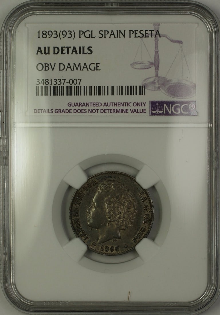 Spain 1893 PGL Silver Peseta Coin NGC AU Details Obverse Damage: Spain 1893 PGL Silver Peseta Coin NGC AU Details Obverse Damage 1893(93) Spain silver peseta coin certified by NGC as AU Details, with noted obverse damage. This circulated pre-owned coin is housed in