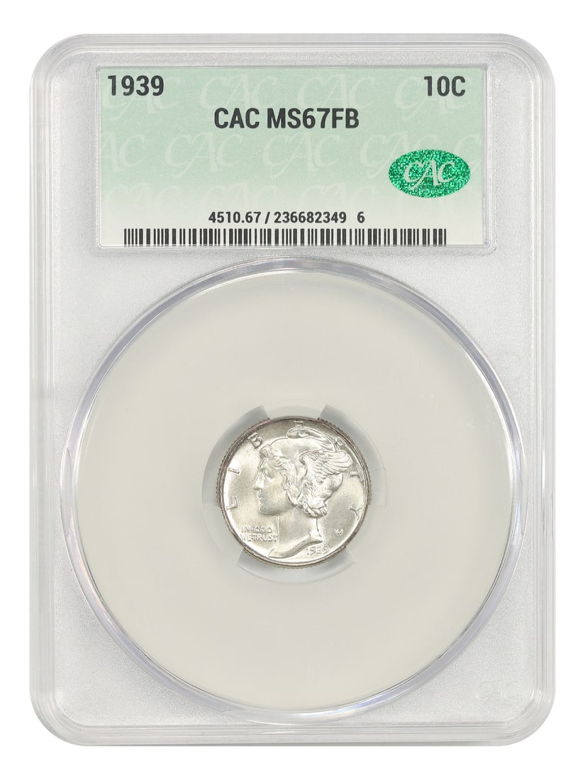 CACG MS67FB 1939 Mercury Dime 10C Philadelphia: CACG MS67FB 1939 Mercury Dime 10C Philadelphia 1939 Mercury Dime certified by CACG as MS67FB. From a CACG population of two with only one finer, this uncirculated coin shows cool silver surfaces with 
