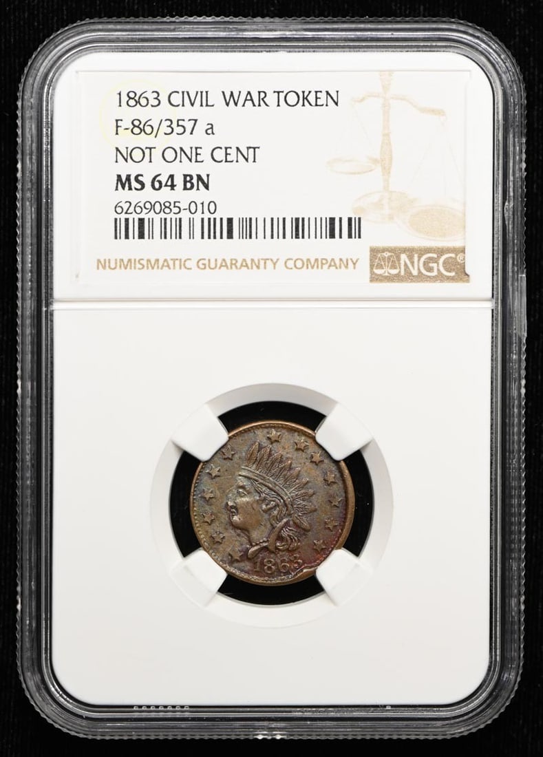 NGC MS64BN 1863 Civil War Token F-86 357a: NGC MS64BN 1863 Civil War Token F-86 357a 1863 Civil War token graded NGC MS64BN. This pre-owned piece is listed in uncirculated condition and identified as F-86/357 a. Specifications Item Type: Civil