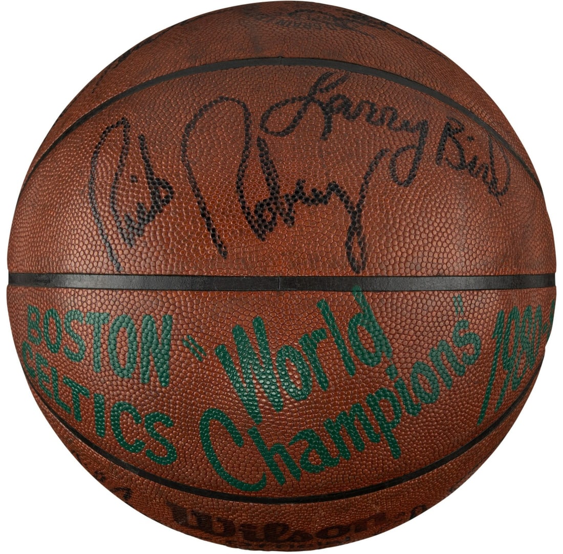1981 Boston Celtics Game Used Signed Basketball with 14 Autographs: 1981 Boston Celtics Game Used Signed Basketball with 14 Autographs This remarkable basketball is a game-winning piece of history from the 1981 NBA Finals, signed by the legendary Boston Celtics team. 