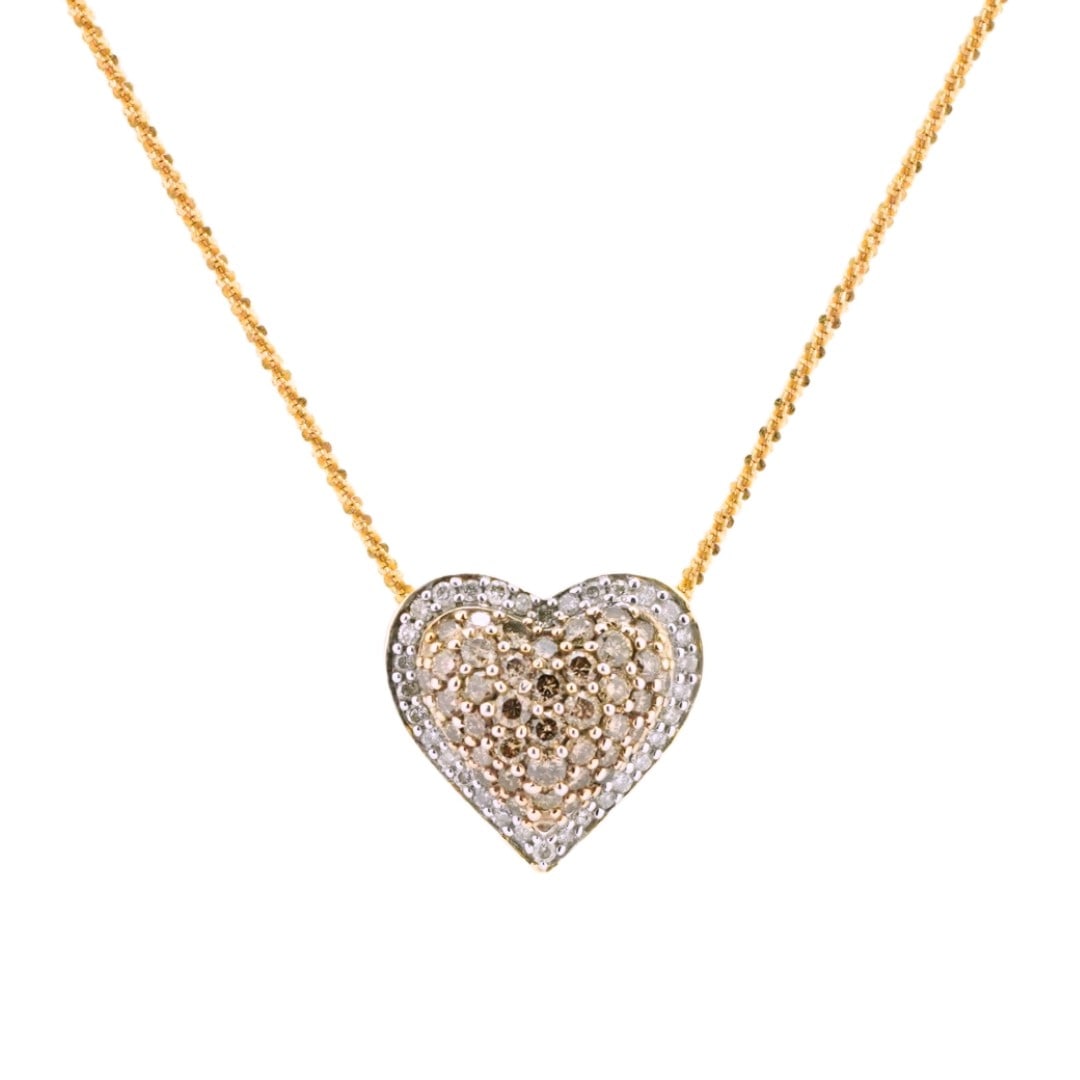 Unbranded Heart Pendant Necklace 14K Gold Chain Cognac Diamond Cluster: Unbranded Heart Pendant Necklace 14K Gold Chain Cognac Diamond Cluster Pre-owned necklace featuring a 14K yellow gold chain paired with a 10K yellow gold heart pendant set with natural cognac and whit