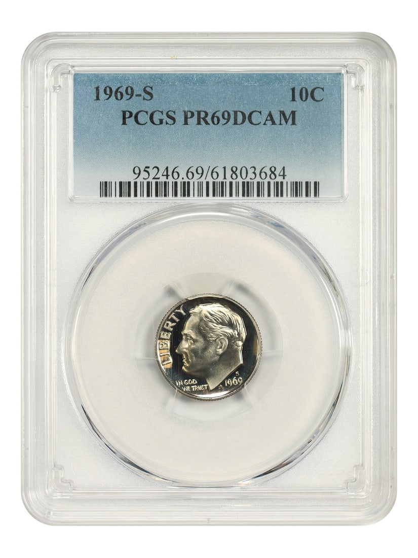 PCGS PR69DCAM 1969 S Roosevelt Dime 10C: PCGS PR69DCAM 1969 S Roosevelt Dime 10C 1969-S Roosevelt Dime certified by PCGS as PR69DCAM. This uncirculated pre-owned coin is identified as a 10C issue from the San Francisco Mint. Specifications D