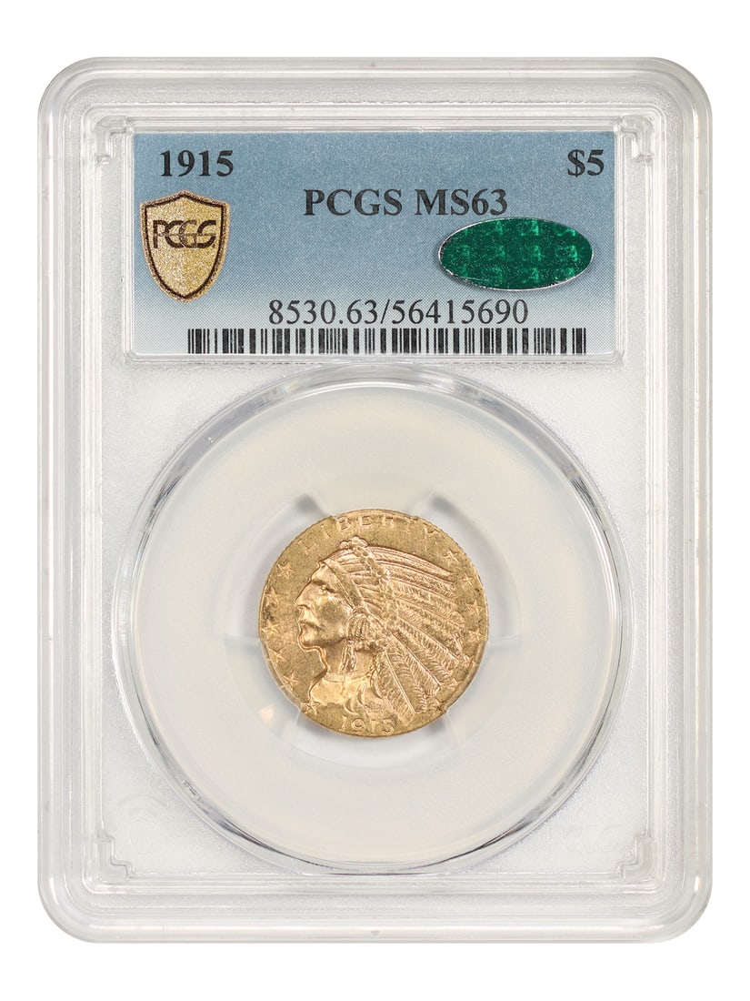 1915 Indian Head $5 Gold Half Eagle PCGS CAC MS63: 1915 Indian Head $5 Gold Half Eagle PCGS CAC MS63 This 1915 Indian $5 gold half eagle is a PCGS and CAC certified uncirculated example featuring Bela Lyon Pratt's incuse design. Only 588,000 coins wer