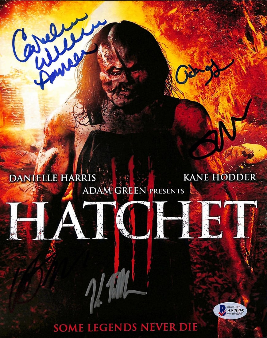Hatchet 3 Signed 8x10 Photo by 5 Cast Members BAS Certified: Hatchet 3 Signed 8x10 Photo by 5 Cast Members BAS Certified This remarkable 8x10 photo from the film Hatchet 3 features the authentic signatures of Adam Green, Kane Hodder, Caroline Williams, Derrick 