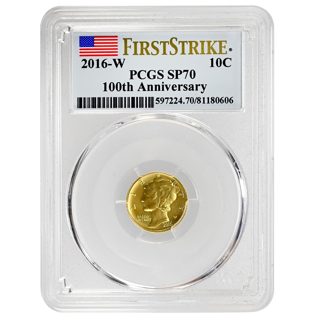 PCGS SP70 2016 W Gold Mercury Dime 100th Anniversary: PCGS SP70 2016 W Gold Mercury Dime 100th Anniversary 2016-W Gold Mercury Dime commemorating the 100th anniversary of Adolph Weinman's 1916 Winged Liberty Head design. Struck by the United States Mint 
