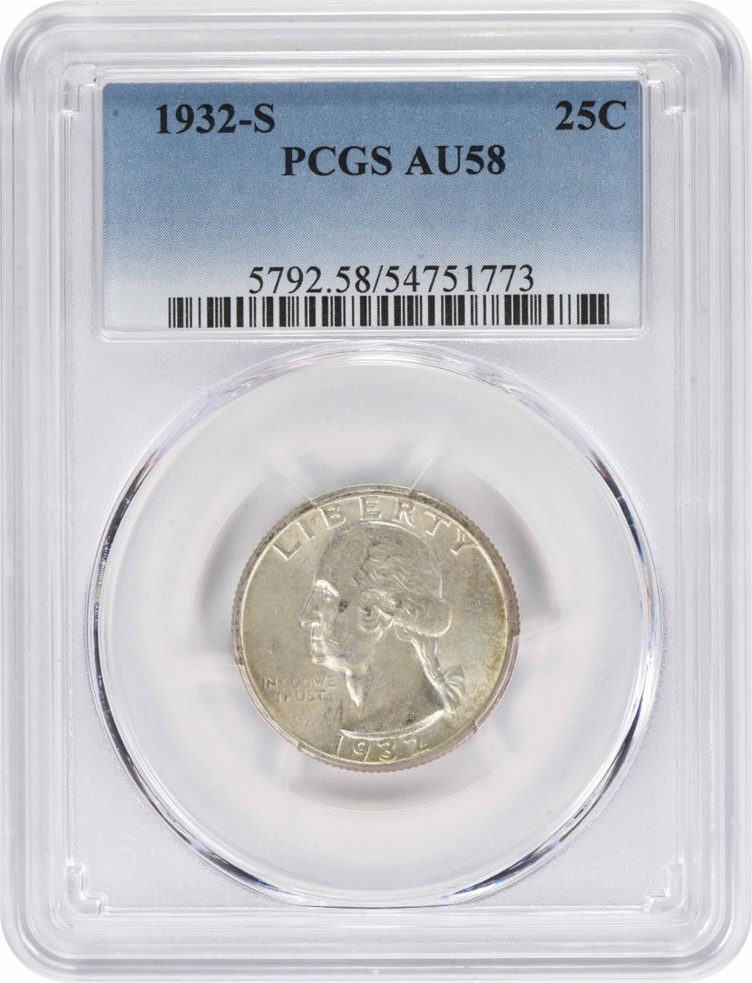 PCGS AU58 1932 S Washington 25C Silver Quarter: PCGS AU58 1932 S Washington 25C Silver Quarter 1932-S Washington quarter certified by PCGS and graded AU58. This pre-owned coin is a circulated issue from the United States and features the Washington