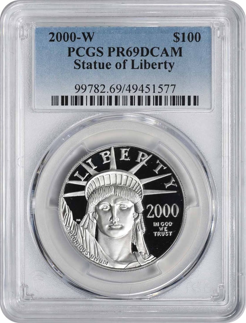 2000-W $100 American Platinum Eagle PR69DCAM PCGS Statue of Liberty Coin: 2000-W $100 American Platinum Eagle PR69DCAM PCGS Statue of Liberty Coin This stunning 2000 American Platinum Eagle coin is graded PR69DCAM by PCGS, showcasing the iconic Statue of Liberty design. Wit