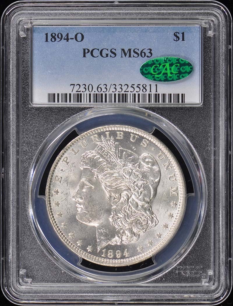 1894-O Morgan Dollar PCGS MS63 CAC Certified Uncirculated Coin: 1894-O Morgan Dollar PCGS MS63 CAC Certified Uncirculated Coin This 1894-O $1 Morgan Dollar is a remarkable piece for collectors, certified by PCGS with a grade of MS63. Struck at the New Orleans Mint