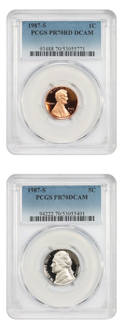 PCGS PR70DCAM 1987-S Lincoln Cent and 5c 2 Coin Lot (1 of 2)