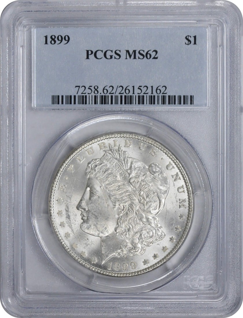 1899 Morgan Silver Dollar MS62 PCGS Uncirculated 90% Silver: 1899 Morgan Silver Dollar MS62 PCGS Uncirculated 90% Silver This 1899 Morgan Silver Dollar, graded MS62 by PCGS, is a stunning example of American coinage. Struck in Philadelphia, this coin features a