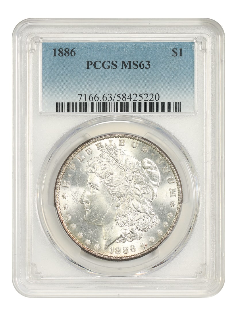 1886 Morgan Silver Dollar $1 PCGS MS63 Philadelphia: 1886 Morgan Silver Dollar $1 PCGS MS63 Philadelphia 1886 Morgan Dollar certified by PCGS in MS63 grade. Struck at the Philadelphia Mint, this uncirculated silver dollar is a popular issue in the Morga