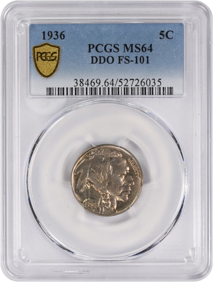 PCGS MS64 1936 Buffalo Nickel DDO FS-101 5C: PCGS MS64 1936 Buffalo Nickel DDO FS-101 5C 1936 Buffalo Nickel with DDO FS-101 designation, graded MS64 by PCGS. This pre-owned United States 5-cent coin features the classic Buffalo Nickel design by