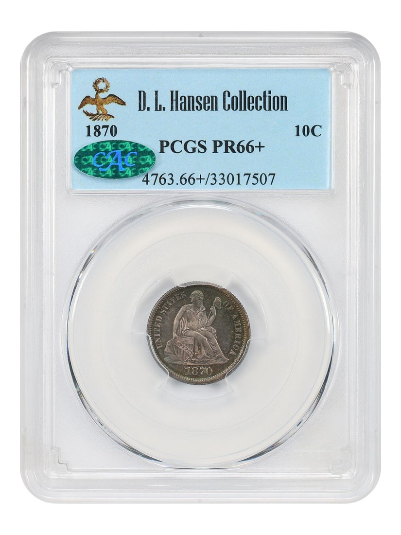 Liberty Seated Dime 1870 PCGS PR66+ CAC ex D.L. Hansen: Liberty Seated Dime 1870 PCGS PR66+ CAC ex D.L. Hansen 1870 Liberty Seated Dime, certified by PCGS as PR66+ and approved by CAC, ex: D.L. Hansen. This uncirculated proof coin displays lemon-gold, sage