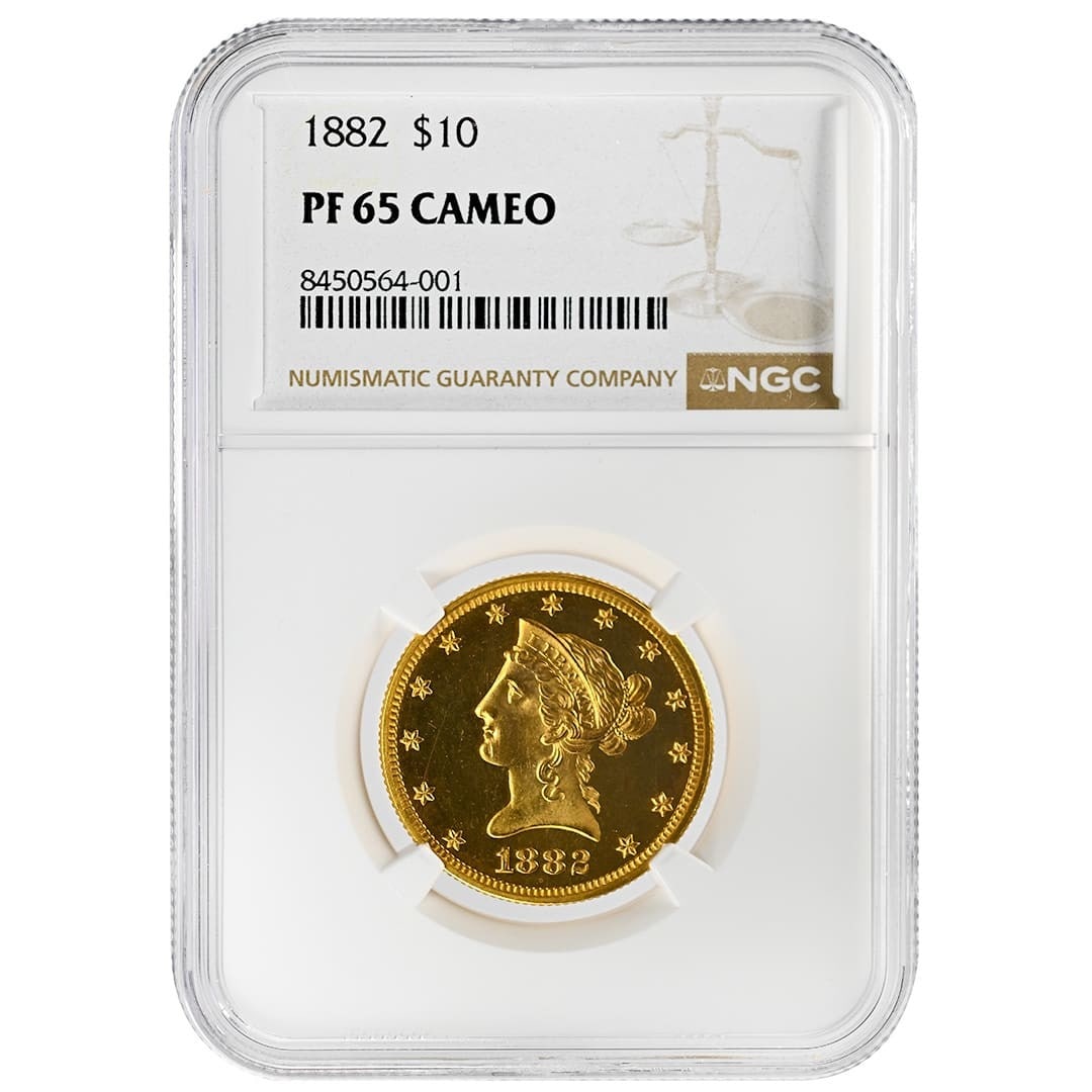 NGC PF65CAM 1882 $10 Liberty Head Gold Eagle Type 3 With Motto: NGC PF65CAM 1882 $10 Liberty Head Gold Eagle Type 3 With Motto 1882 $10 Liberty Head gold coin, graded PF65CAM by NGC. This pre-1933 United States issue is a Type 3 With Motto example and is uncircula
