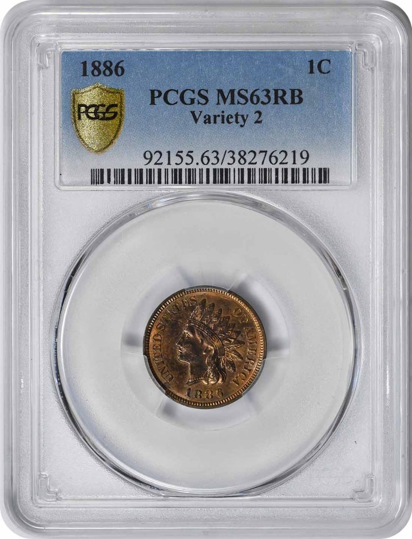 PCGS MS63RB 1886 Indian Head Small Cent Variety 2: PCGS MS63RB 1886 Indian Head Small Cent Variety 2 This is an 1886 Indian Head Cent, Variety 2, graded MS63RB by PCGS. The coin is uncirculated and composed of copper. It features the classic Indian He