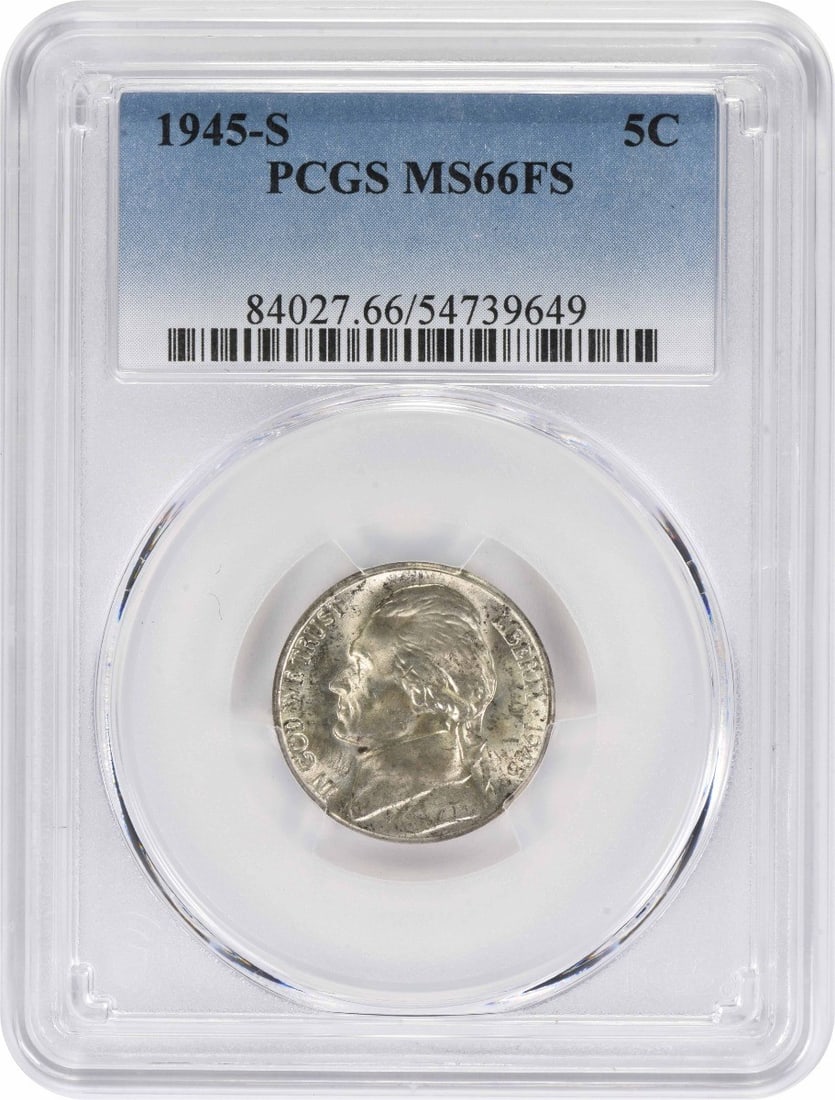 PCGS MS66FS 1945 S Jefferson 5C Silver Nickel: PCGS MS66FS 1945 S Jefferson 5C Silver Nickel 1945-S Jefferson silver nickel certified by PCGS and graded MS66FS. This uncirculated 5-cent coin is a pre-owned example from the United States. Specifica