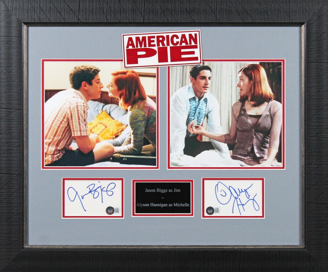 Jason Biggs Alyson Hannigan American Pie Signed Framed Display BAS: Jason Biggs Alyson Hannigan American Pie Signed Framed Display BAS This beautifully framed display features a signed 3x5 index card by Jason Biggs and Alyson Hannigan, renowned stars from the iconic f