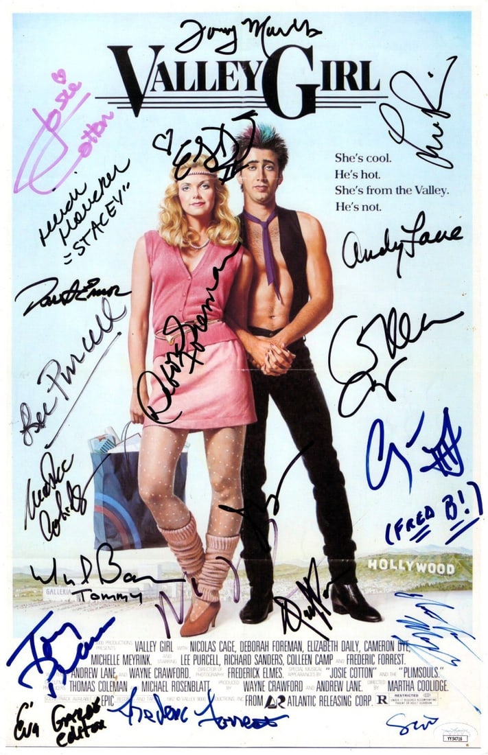 Valley Girl Autographed 11x17 Photo Nicolas Cage JSA Authenticated 20 Signatures: Valley Girl Autographed 11x17 Photo Nicolas Cage JSA Authenticated 20 Signatures Celebrate the iconic film 'Valley Girl' with this stunning autographed 11x17 photograph featuring a total of 20 signatu