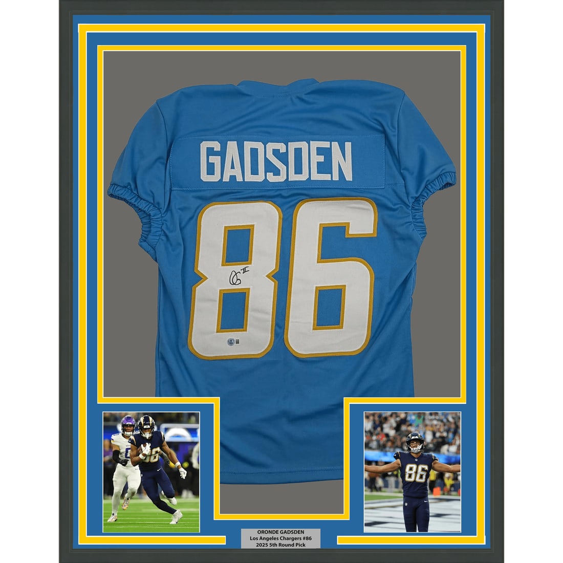 Framed Oronde Gadsden autographed custom Chargers jersey BAS COA: Framed Oronde Gadsden autographed custom Chargers jersey BAS COA This framed collectible features a custom LA powder blue jersey autographed by Oronde Gadsden. The jersey, sized XL, is crafted from ny
