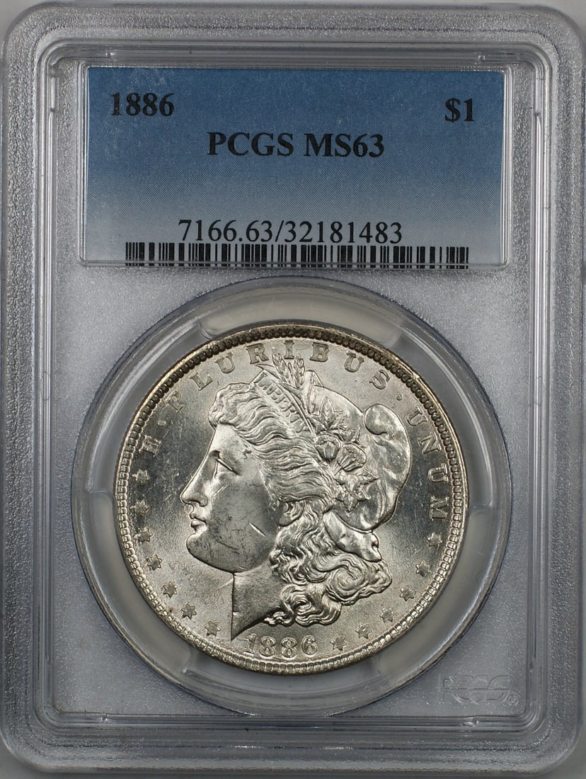PCGS MS 63 1886 Morgan Silver Dollar $1: PCGS MS 63 1886 Morgan Silver Dollar $1 1886 Morgan Silver Dollar $1 coin certified by PCGS and graded MS-63. This United States coin is an uncirculated silver issue and is offered in pre-owned condit