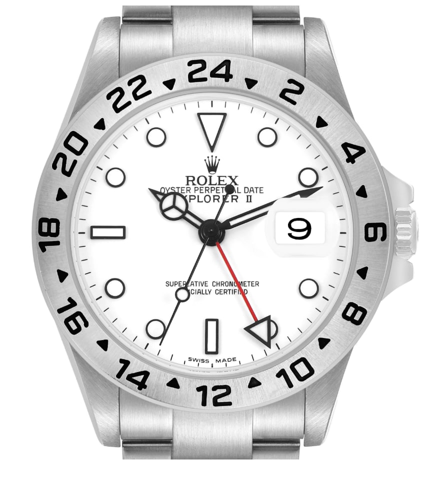 Rolex 16570 Explorer II mens watch white dial Oyster bracelet papers: Rolex 16570 Explorer II mens watch white dial Oyster bracelet papers Rolex Explorer II Ref. 16570 with a white dial and Oyster bracelet. This men's watch includes papers and is identified as a 2005 ex