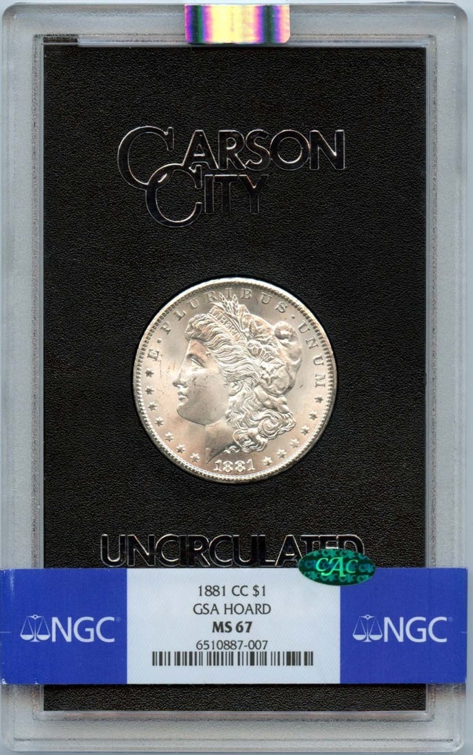 NGC MS67 CAC 1881 Carson City Morgan Dollar GSA Hoard Silver Coin: NGC MS67 CAC 1881 Carson City Morgan Dollar GSA Hoard Silver Coin This is an 1881-CC Morgan Dollar from the GSA Hoard, certified by NGC with a grade of MS67 and further recognized by CAC. The coin was