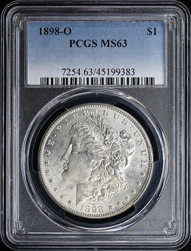 PCGS MS63 1898 O Morgan Silver Dollar: PCGS MS63 1898 O Morgan Silver Dollar 1898-O Morgan Dollar certified by PCGS and graded MS63. This pre-owned coin is an uncirculated United States silver dollar from the Morgan Dollar series. Specific