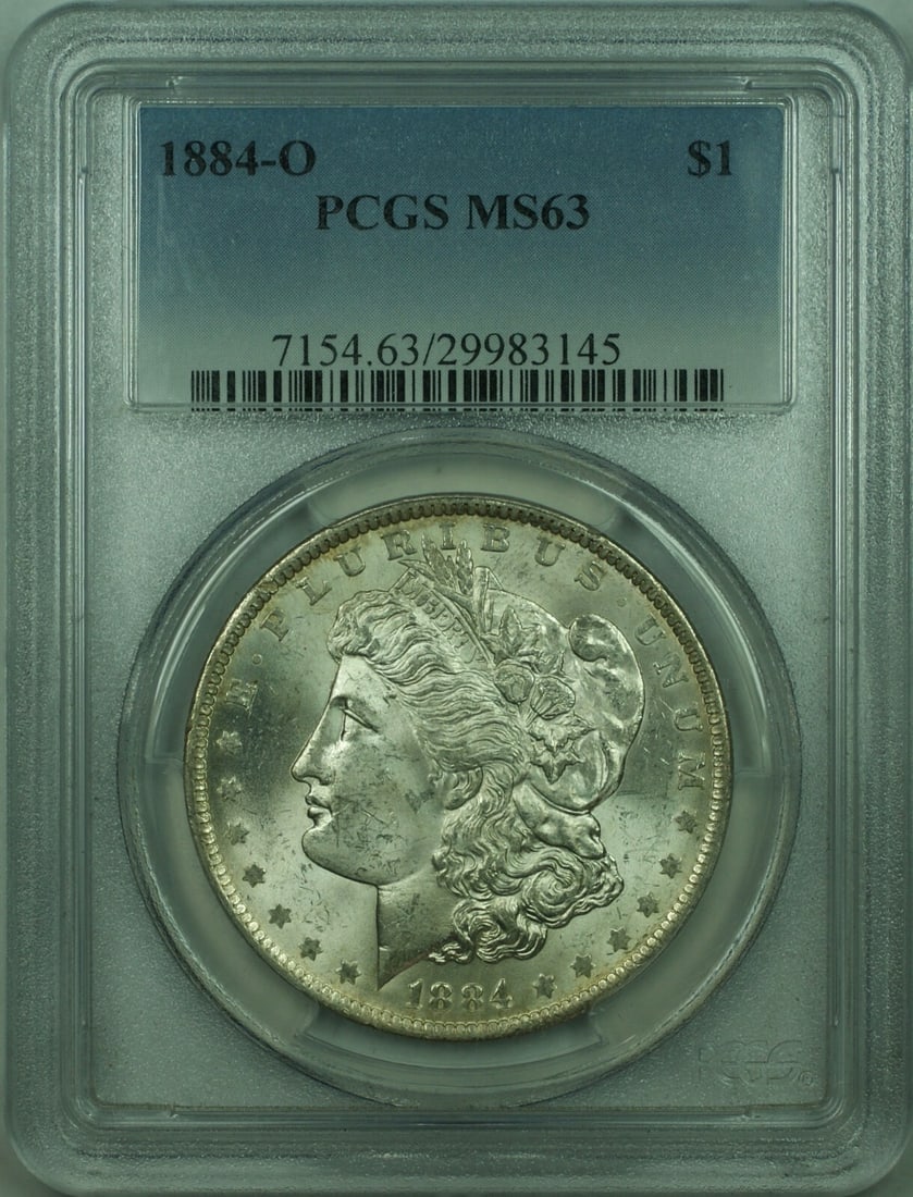 PCGS MS-63 1884-O Morgan Silver Dollar $1: PCGS MS-63 1884-O Morgan Silver Dollar $1 This is an 1884-O Morgan Silver Dollar graded MS-63 by PCGS. Minted in New Orleans, this uncirculated coin features a silver composition and has a denominatio