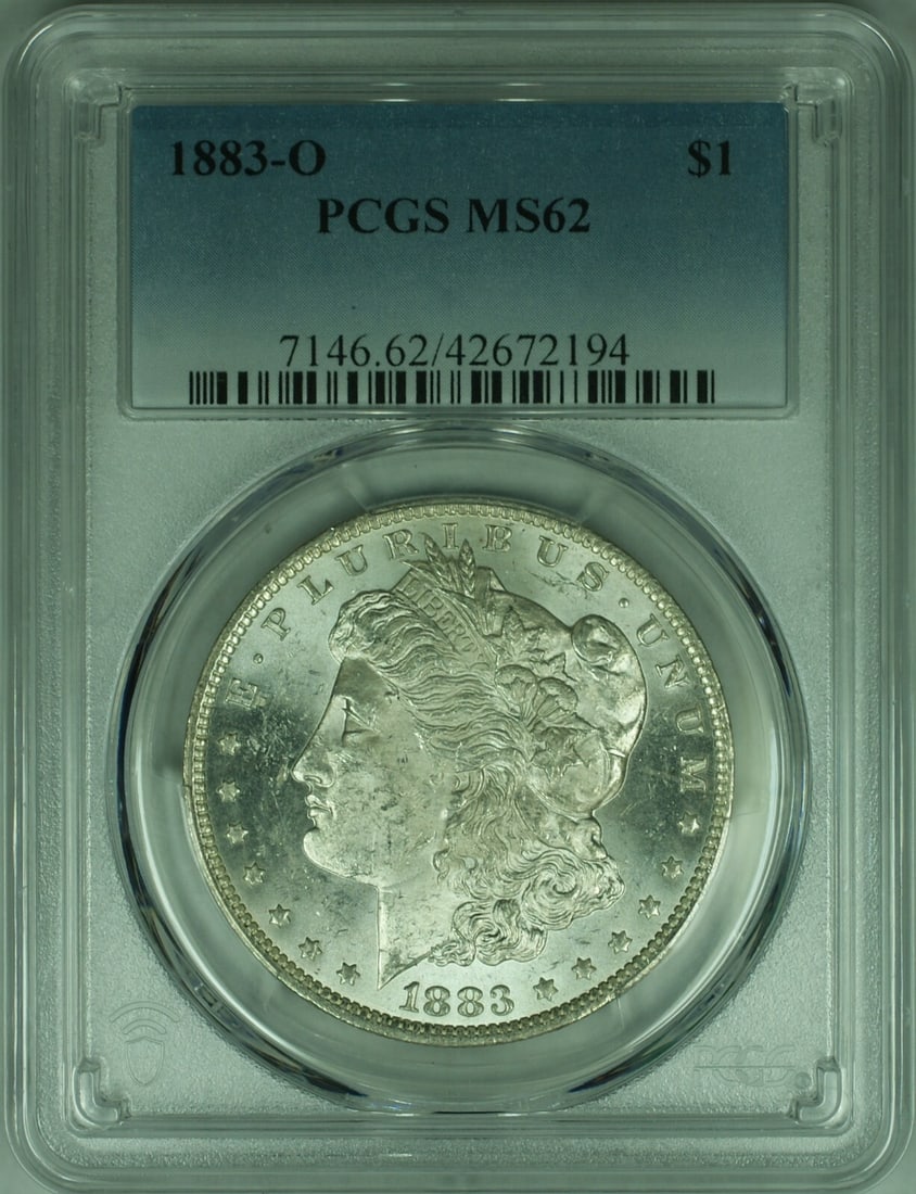 PCGS MS-62 1883-O Morgan Silver Dollar $1: PCGS MS-62 1883-O Morgan Silver Dollar $1 This 1883-O Morgan Silver Dollar is an uncirculated coin graded MS-62 by PCGS. Minted in New Orleans, it features the classic Morgan dollar design and is comp