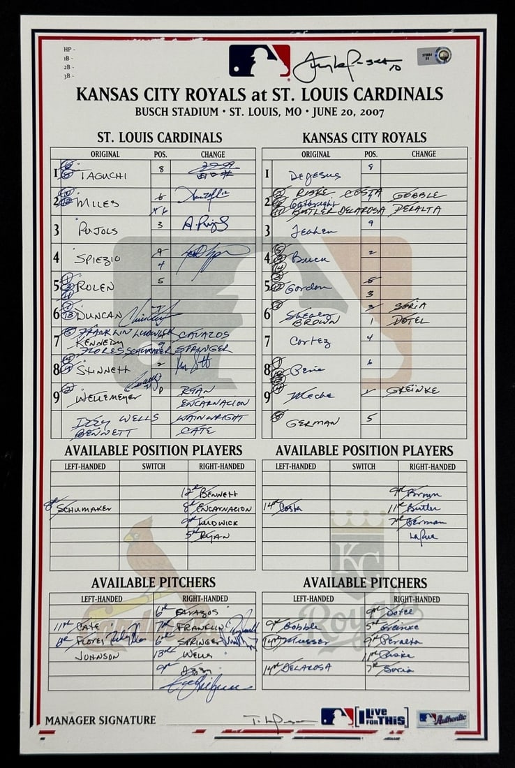Game Used 2007 Cardinals Dugout Lineup Card 10 Signatures BAS (1 of 3)
