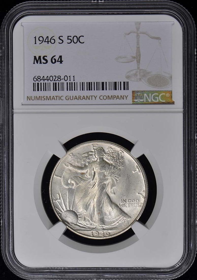 1946-S Walking Liberty Half Dollar NGC MS64 Uncirculated Coin: 1946-S Walking Liberty Half Dollar NGC MS64 Uncirculated Coin This 1946-S Walking Liberty Half Dollar is certified by NGC with a grade of MS64, indicating it is in uncirculated condition. Struck in Sa
